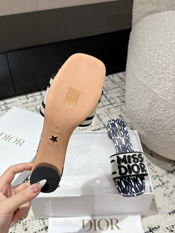 CD Dway Heeled Slide Deep Blue Mix Black White Embroidered Cotton