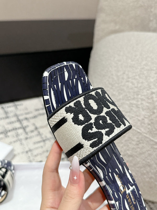 CD Dway Heeled Slide Deep Blue Mix Black White Embroidered Cotton