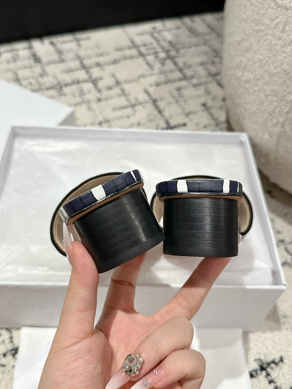 CD Dway Heeled Slide Deep Blue Mix Black White Embroidered Cotton