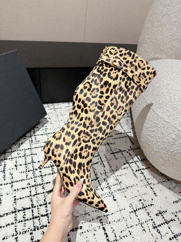 Alaila High Boots 60mm In Light Yellow Calfskin Horsehair Leopard Print 916740