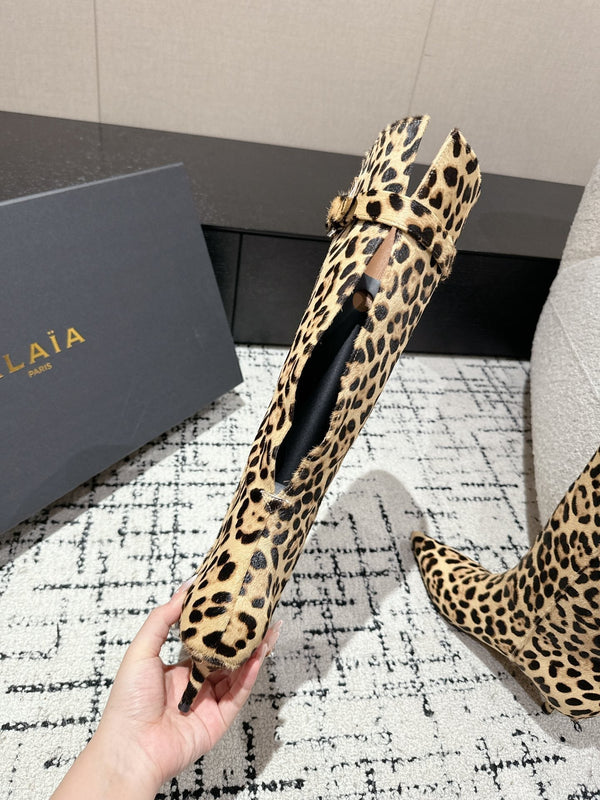 Alaila High Boots 60mm In Light Yellow Calfskin Horsehair Leopard Print 916740