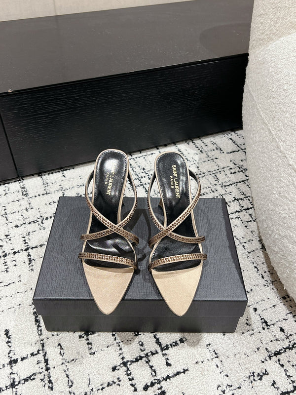 HIGH CRYSTAL STRAP SANDALS IN BOUTIQUE BEIGE SILK