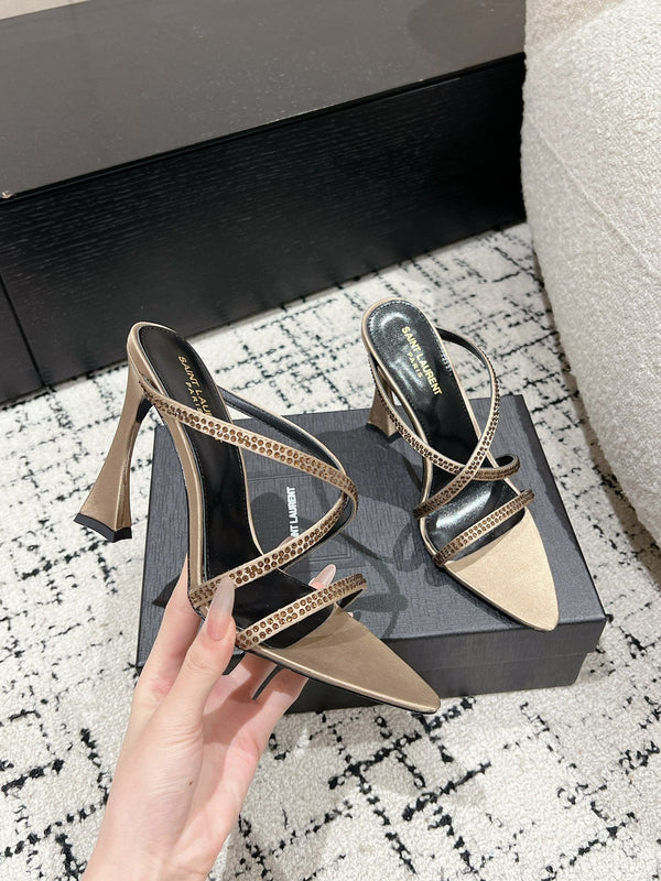 HIGH CRYSTAL STRAP SANDALS IN BOUTIQUE BEIGE SILK