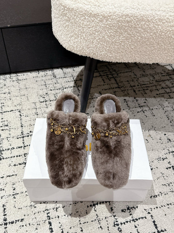 Chloe Covered Fur Slippers Dark Brown Wool 514329