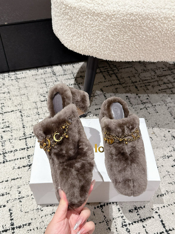 Chloe Covered Fur Slippers Dark Brown Wool 514329