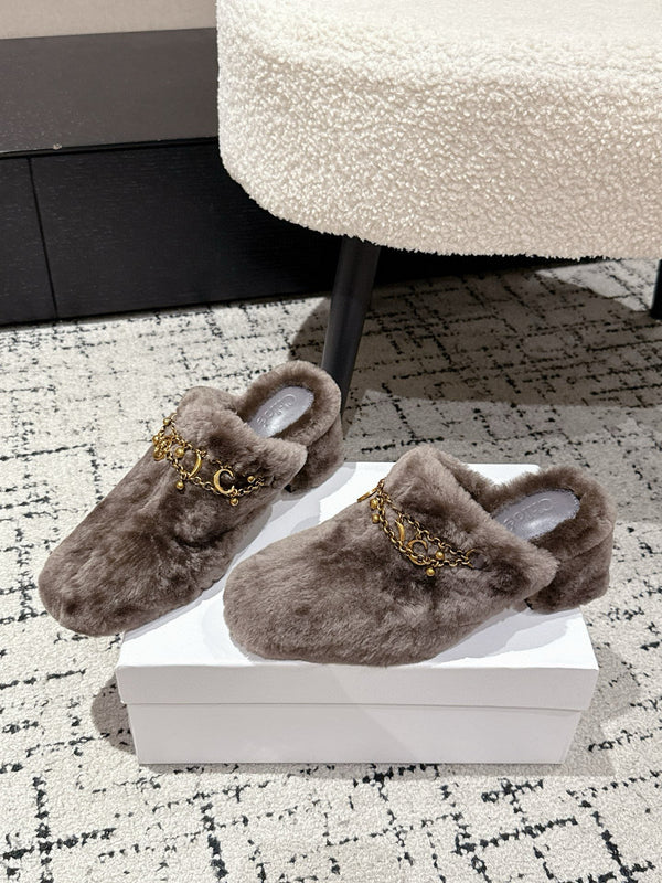 Chloe Covered Fur Slippers Dark Brown Wool 514329