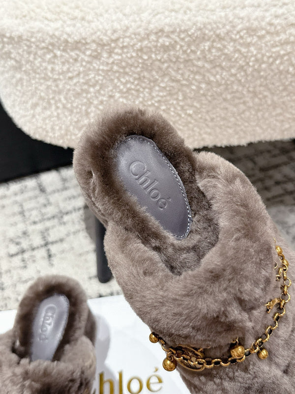 Chloe Covered Fur Slippers Dark Brown Wool 514329