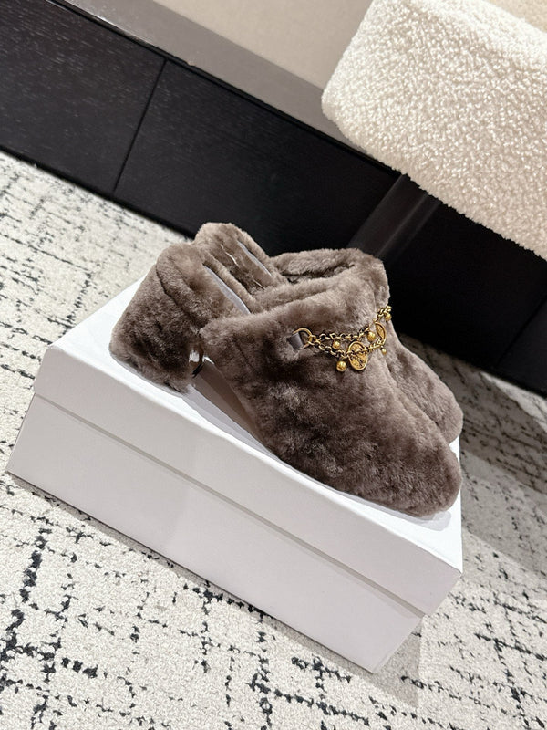 Chloe Covered Fur Slippers Dark Brown Wool 514329