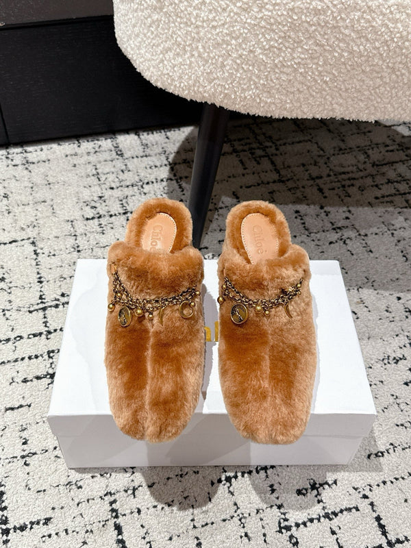 Chloe Covered Fur Slippers Caramel Brown Wool 514330