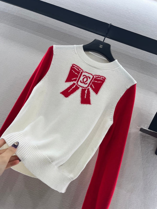 Chanel Pull Nœud 2025 Laine Blanc mélangé Rouge 99220