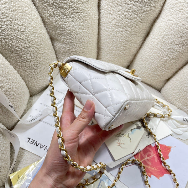 CC 25P Mini Flap Bag 20cm Top Handle Cream Calfskin Gold Hardware