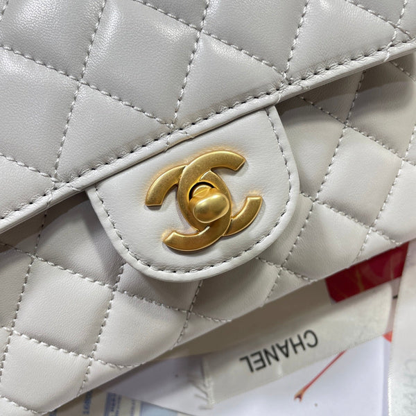 CC 25P Mini Flap Bag 20cm Top Handle Grey Calfskin Gold Hardware