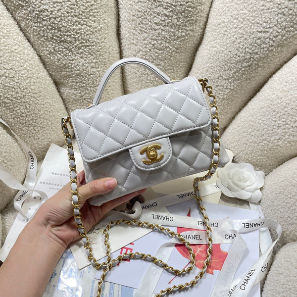 CC 25P Mini Flap Bag 20cm Top Handle Grey Calfskin Gold Hardware
