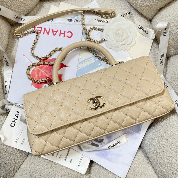 CC 26P Horizontal Coco Handle 30cm Beige Quited Caviar Leather