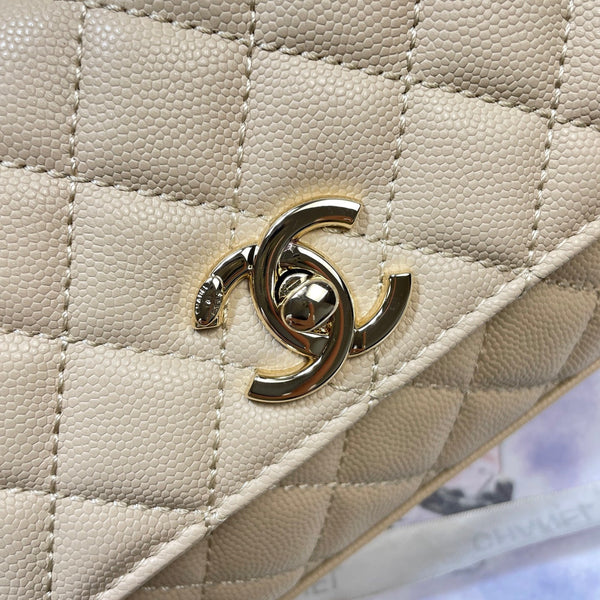 CC Maxi Flap Bag with Top Handle 31cm Light Beige Quited Caviar Leather