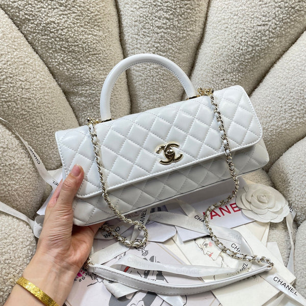 CC Maxi Flap Bag with Top Handle 31cm White Lambskin