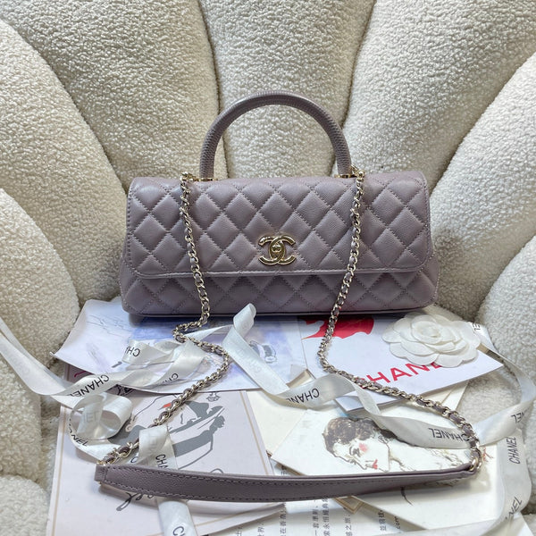 CC Maxi Flap Bag with Top Handle 31cm Light Slate Gray Quited Caviar Leather