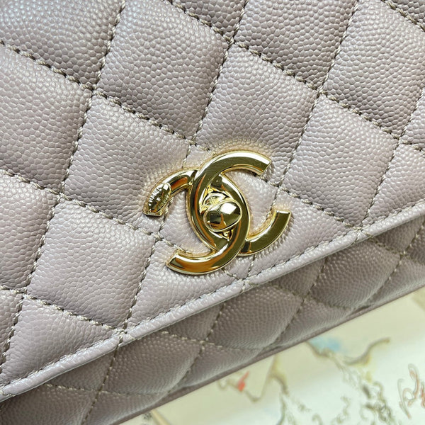 CC Maxi Flap Bag with Top Handle 31cm Light Slate Gray Quited Caviar Leather
