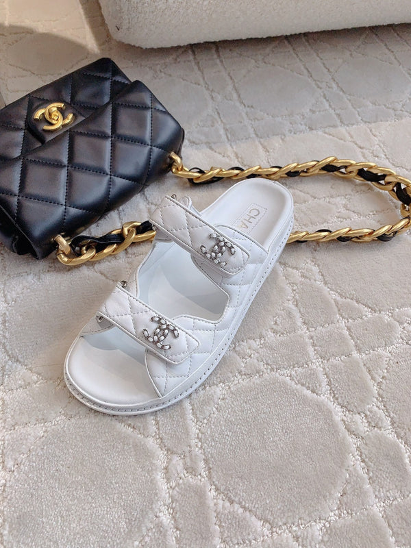 dad sandal mule white lambskin silver buckle