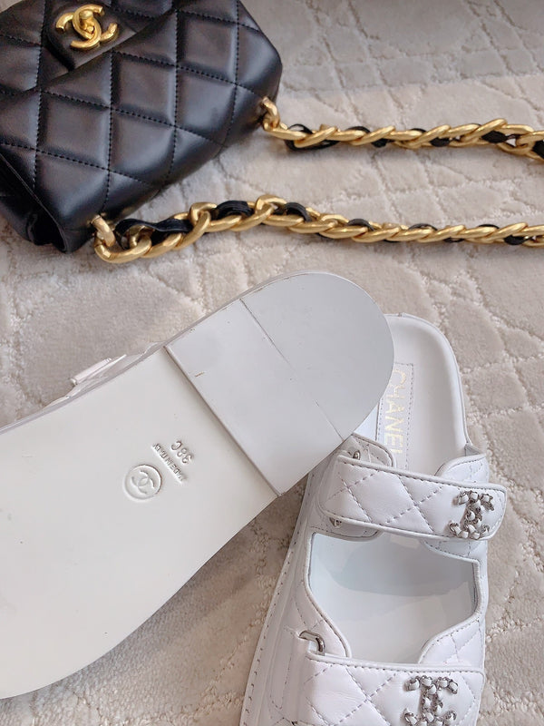 dad sandal mule white lambskin silver buckle