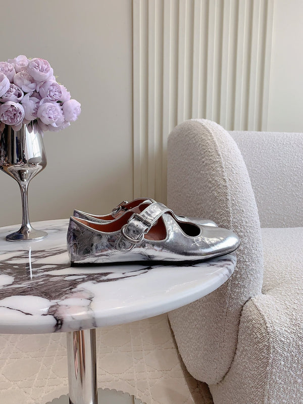 ALAIA CRISS CROSS BALLET FLAT IN SILVER LAMBSKIN