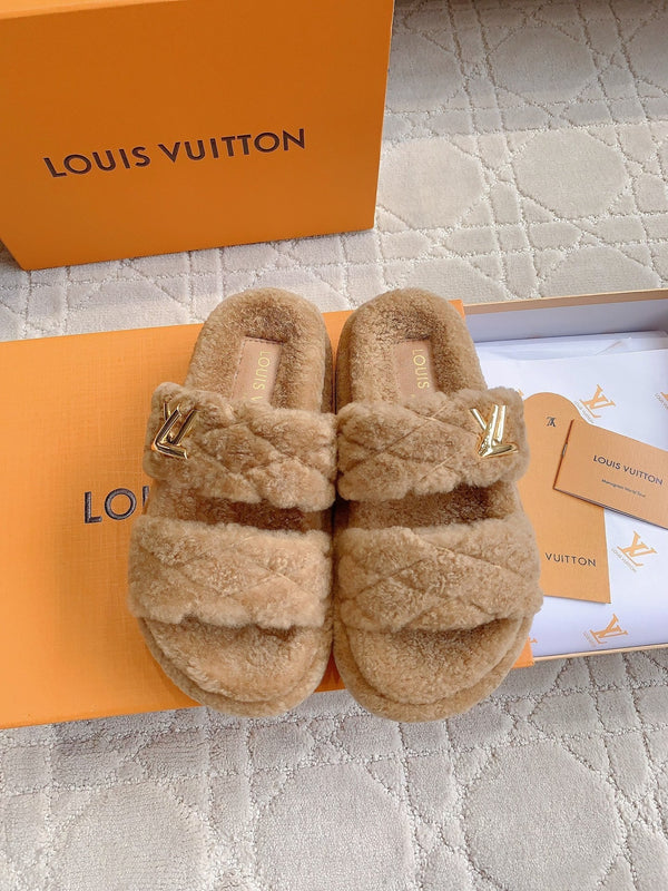 LV Sunset Platform Comfort Mule Light Brown Wool
