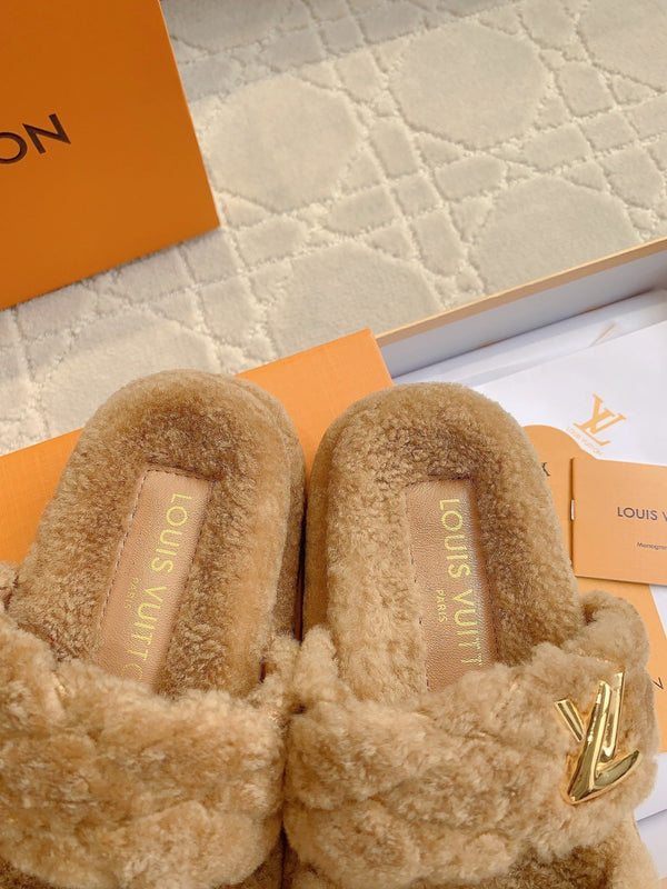 LV Sunset Platform Comfort Mule Light Brown Wool