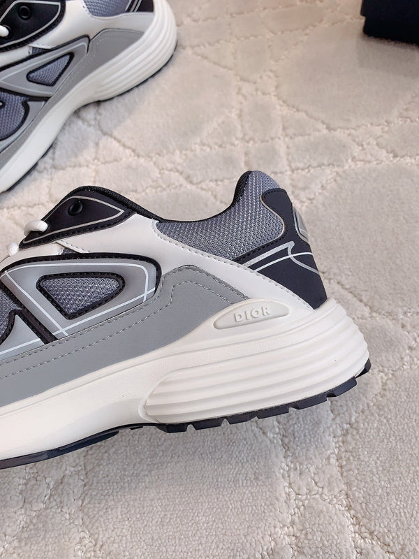 Sneaker CD B30 in tessuto a rete di poliestere e pelle di vitello, colore grigio cemento, mix di nero e avorio bianco