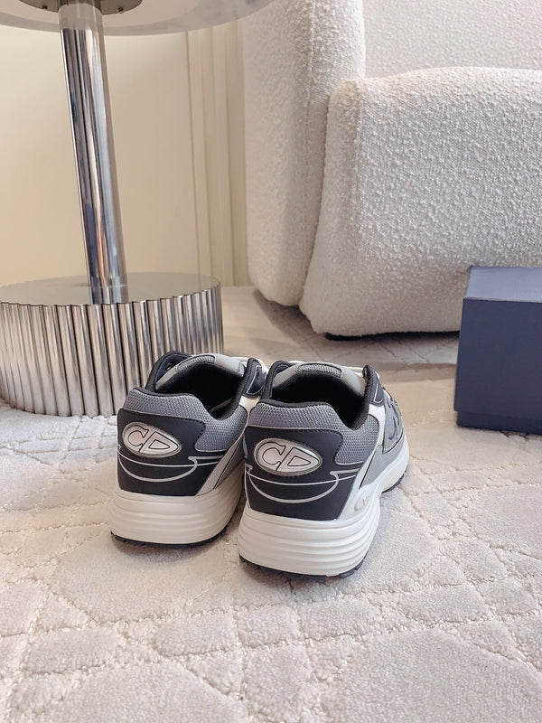 Sneaker CD B30 in tessuto a rete di poliestere e pelle di vitello, colore grigio cemento, mix di nero e avorio bianco