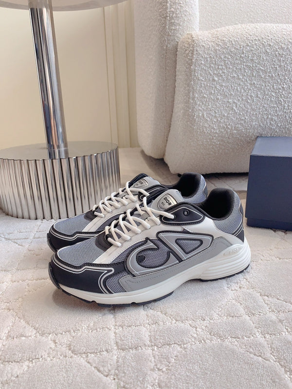 Sneaker CD B30 in tessuto a rete di poliestere e pelle di vitello, colore grigio cemento, mix di nero e avorio bianco