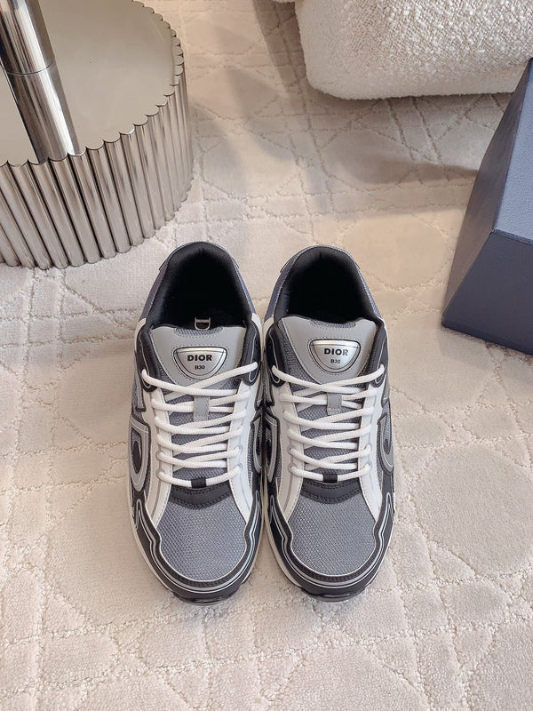 Sneaker CD B30 in tessuto a rete di poliestere e pelle di vitello, colore grigio cemento, mix di nero e avorio bianco