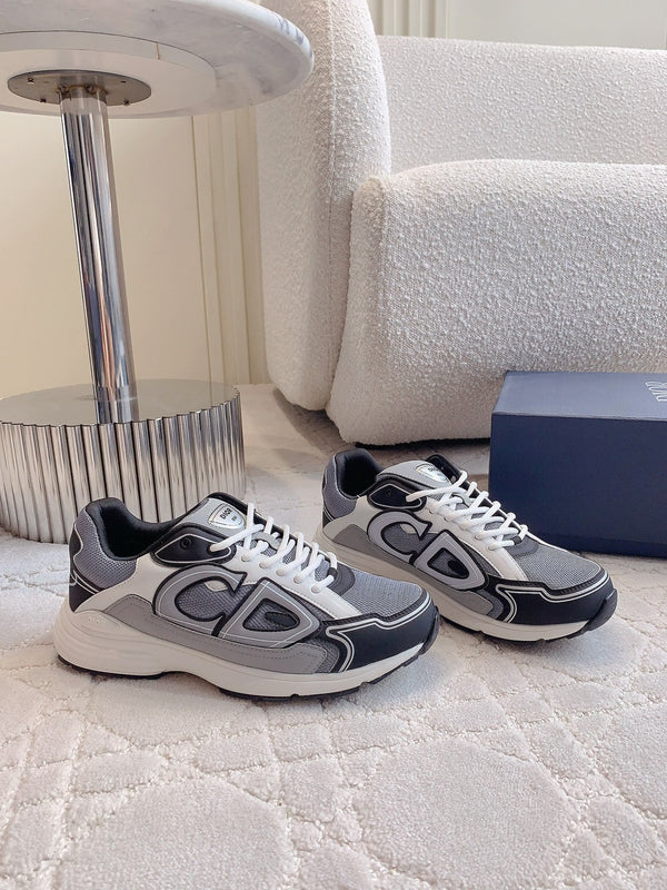 Sneaker CD B30 in tessuto a rete di poliestere e pelle di vitello, colore grigio cemento, mix di nero e avorio bianco