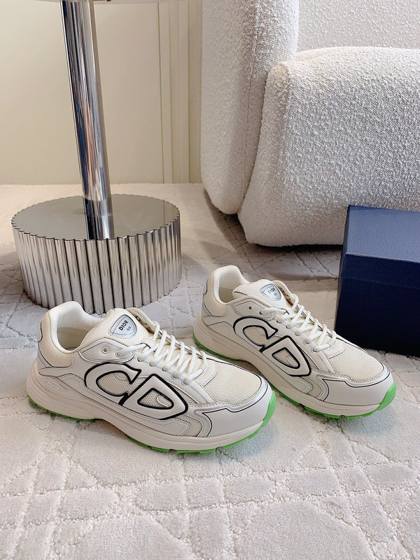 Sneaker CD B30 in tessuto a rete di poliestere e pelle di vitello color beige latte