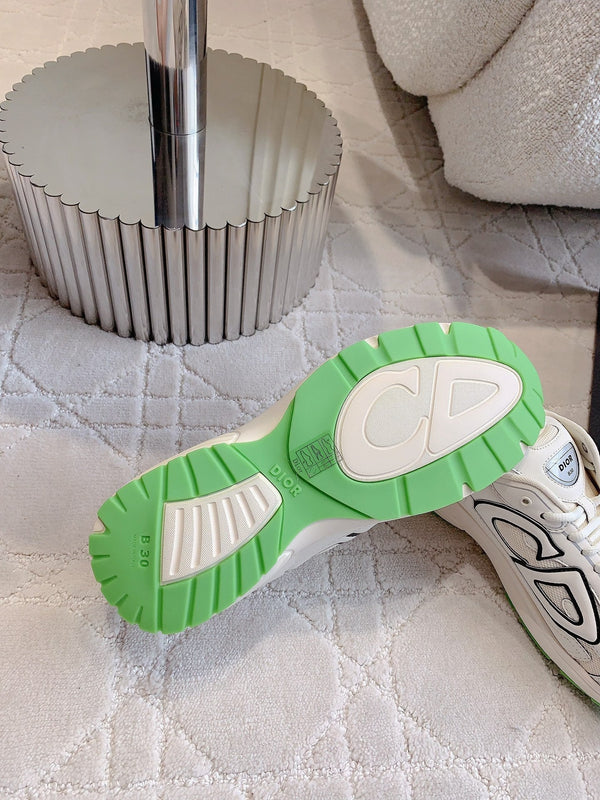 Sneaker CD B30 in tessuto a rete di poliestere e pelle di vitello color beige latte