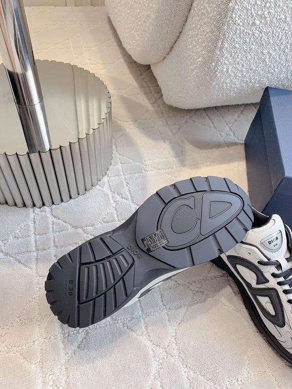 Sneaker CD B30 in tessuto a rete di poliestere nero e pelle di vitello, colore bianco