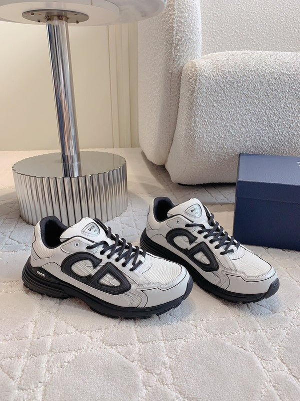 Sneaker CD B30 in tessuto a rete di poliestere nero e pelle di vitello, colore bianco