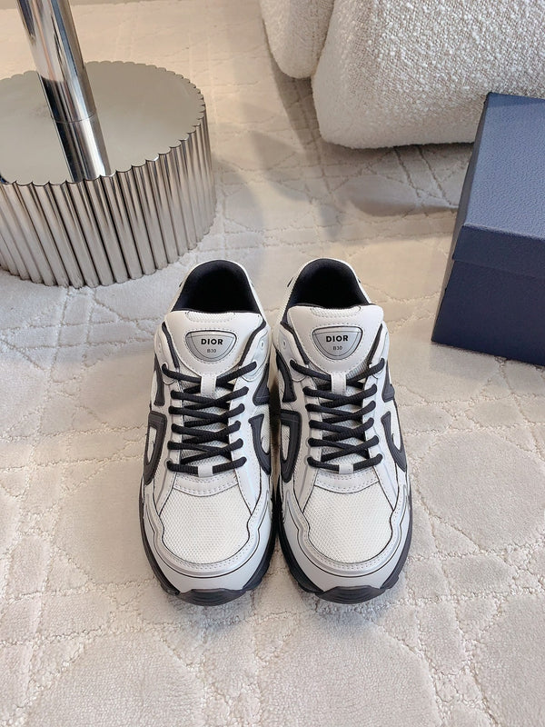 Sneaker CD B30 in tessuto a rete di poliestere nero e pelle di vitello, colore bianco