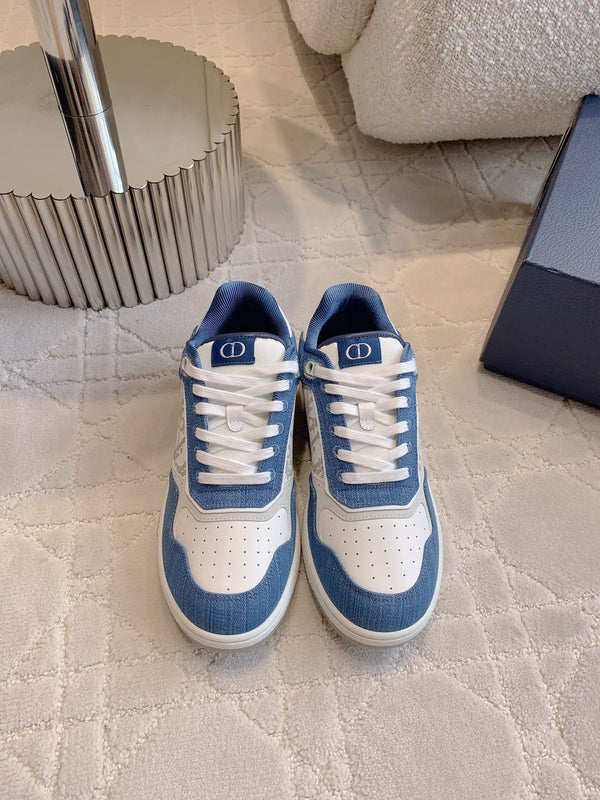 CD B27 Low-Top Sneaker White Blue Print Calfskin And Denim Fabric