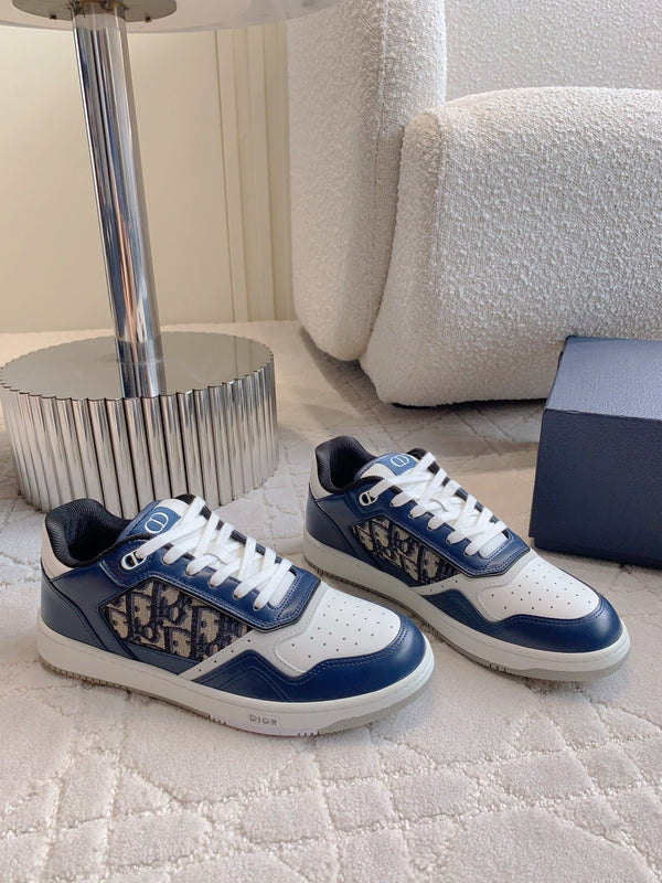 CD B27 Low-Top Sneaker White Blue Print Calfskin And Oblique Jacquard Fabric