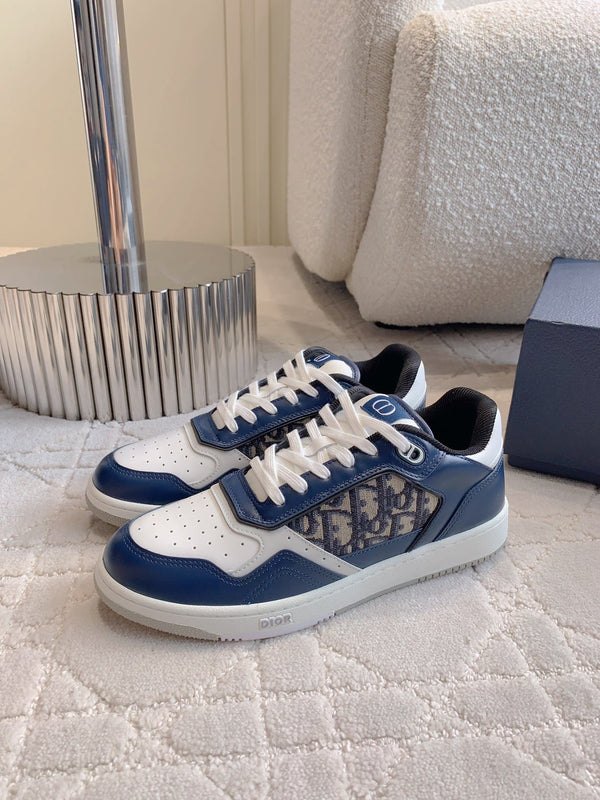 CD B27 Low-Top Sneaker White Blue Print Calfskin And Oblique Jacquard Fabric