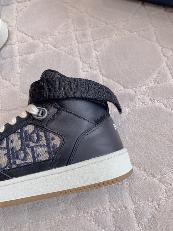 CD B27 High-Top Sneaker Black Charcoal Blue Print Calfskin And Oblique Jacquard Fabric