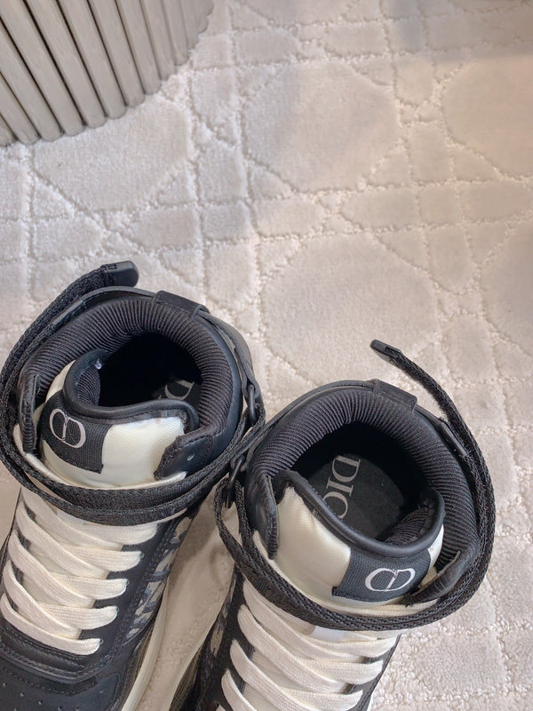 CD B27 High-Top Sneaker Black Charcoal Blue Print Calfskin And Oblique Jacquard Fabric