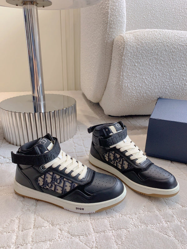 CD B27 High-Top Sneaker Black Charcoal Blue Print Calfskin And Oblique Jacquard Fabric