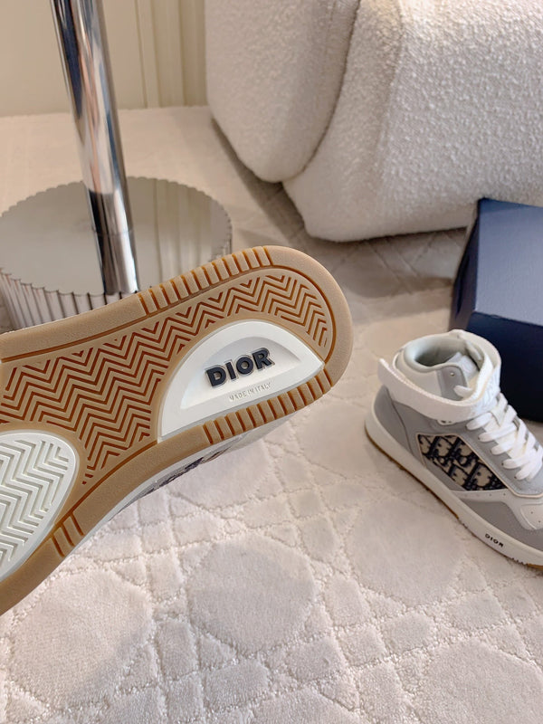 CD B27 High-Top Sneaker White Grey Print Calfskin And Oblique Jacquard Fabric