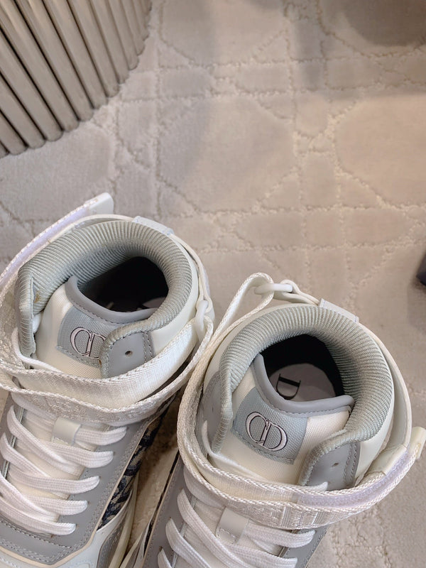 CD B27 High-Top Sneaker White Grey Print Calfskin And Oblique Jacquard Fabric