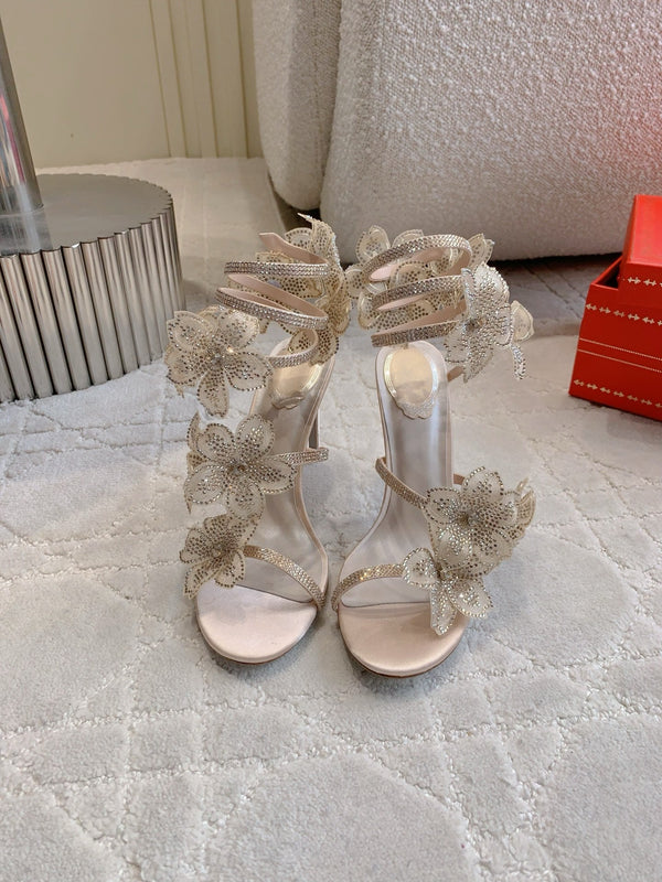 RC Flower Sandals Beige Sheepskin Rhinestones 328467
