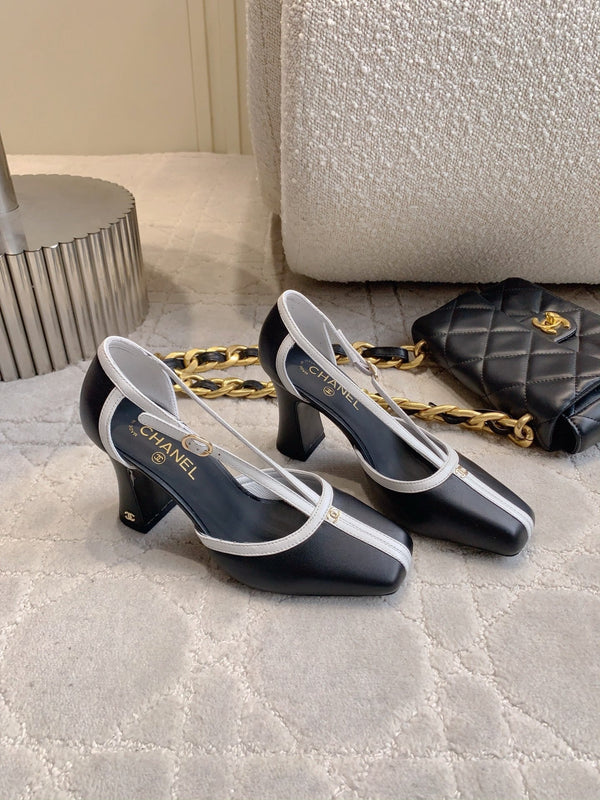 CC FW26 Square Cap Toe Slingback 8.5cm White Black Leather 723687