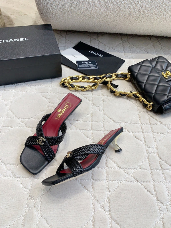 CC Cross Sandal Black Woven Kitten Lambskin 808087