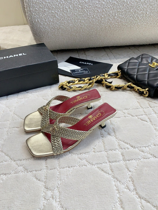 CC Cross Sandal Gold Woven Kitten Lambskin 808088
