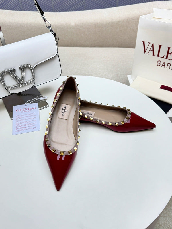 ROCKSTUD FLAT PUMP IN BERRY RED CALFSKIN